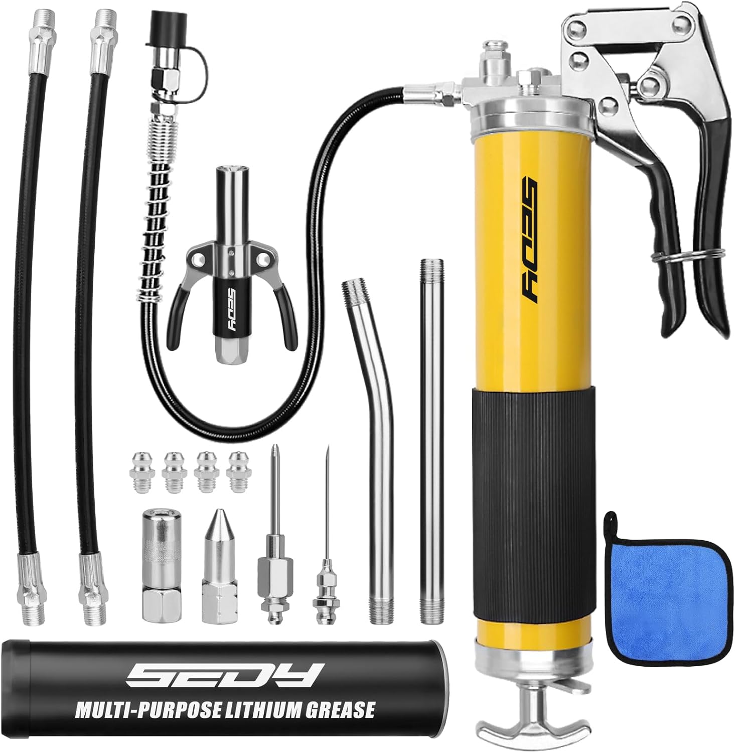 SEDY 17-Piece Heavy Duty Grease Gun Kit: 8000 PSI with 14Oz Grease Cartridge Flexible Hose Pistol Grip Marine Durable Connectors Adapters Extension Tubes Nozzle Easy Operation image number 1