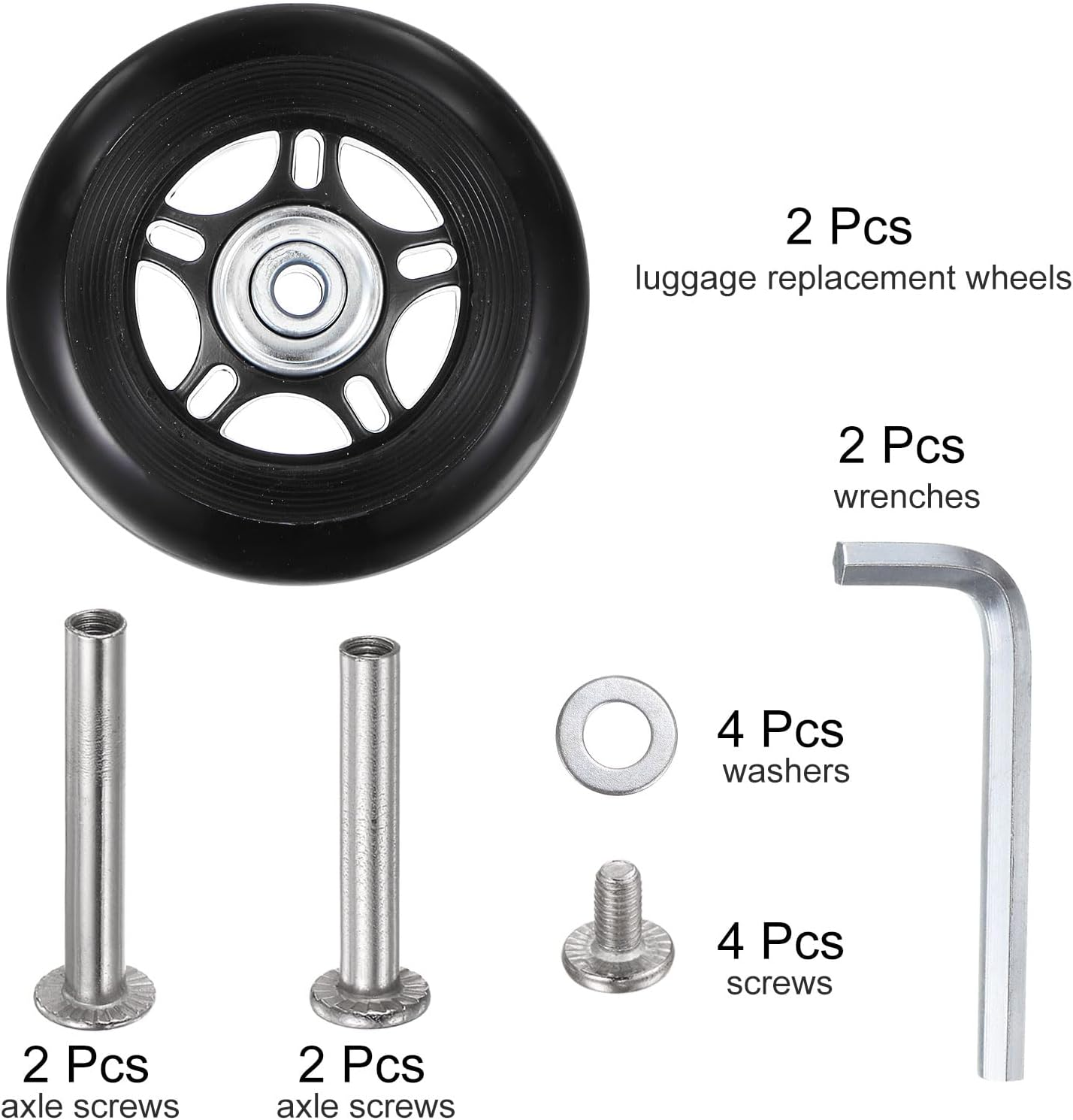 Uxcell Replacement Luggage Wheels 75X24Mm Suitcase Wheel Repair Kits Include 2 PU Bearing Wheels & Washers, Wrenches & Axle Screw for Trolley Bag, Inline Skate and Caster Board image number 3