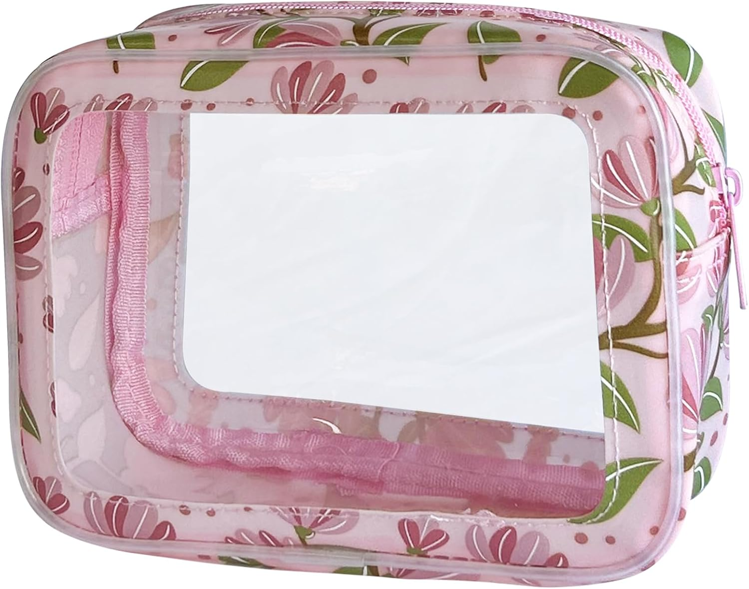 Toteprint Transparent Cosmetic Bag Small Cosmetic Bag PVC Waterproof 18 X 13 X 6.5 Cm with Floral Pattern for Men and Women, Pink + Flowers, Modern image number 3