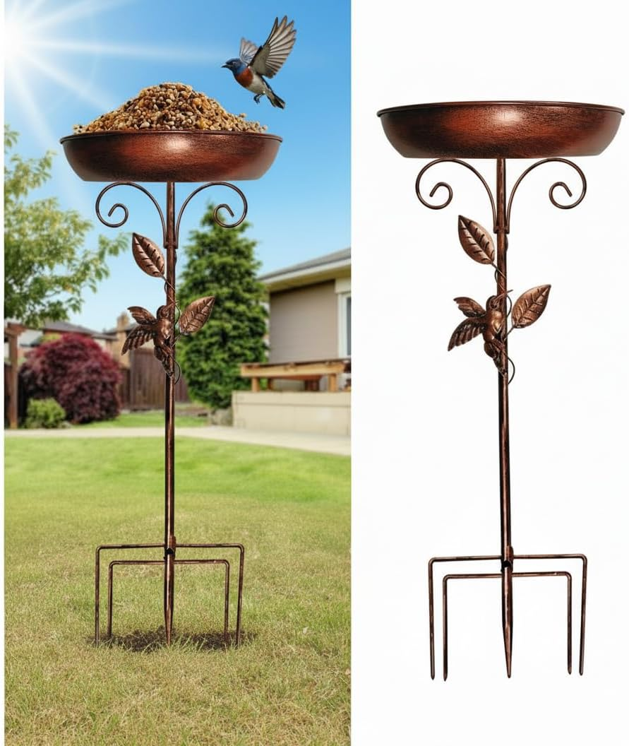 Decorative Bird Bath Feeder, Copper Metal, 80Cm Height, Garden Bird Feeder with Beautiful Leaf and Bird Mofifs Design image number 5