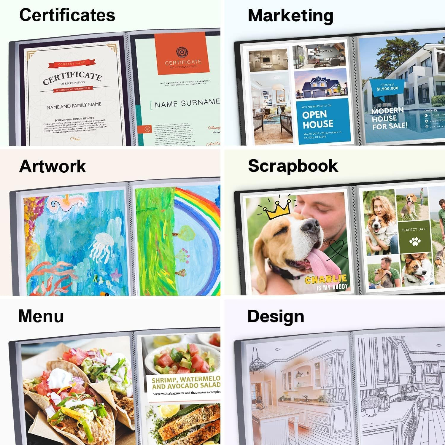 2Pcs Portfolio Binder with Plastic Sleeves, 60 Pockets Presentation Book Display 120 Pages File Folder for Artwork, Sheet Music, Document, Diamond Painting image number 4