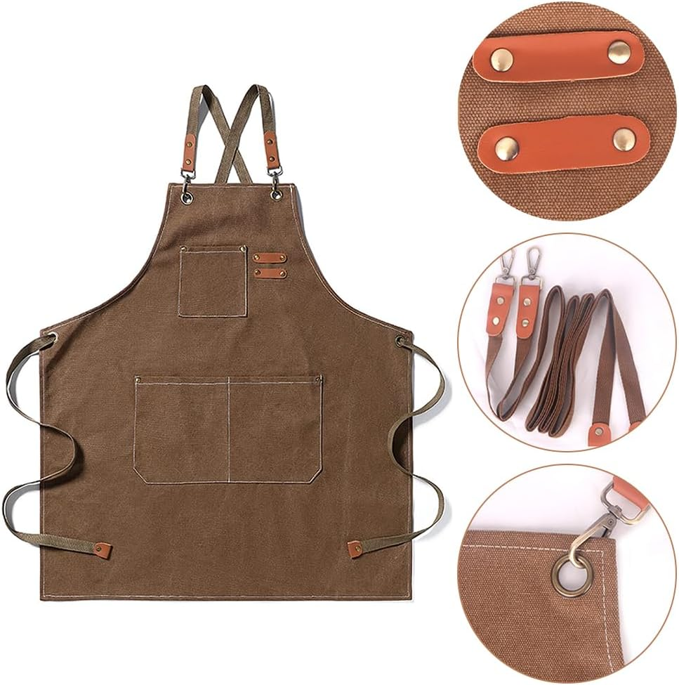 Kitchen Thicken Canvas Apron with Adjustable Straps and Large Pockets, Cooking Baking Bib Apron, Apron Suitable for Painting Pottery Ceramics (Coffee, 72 CM) image number 1