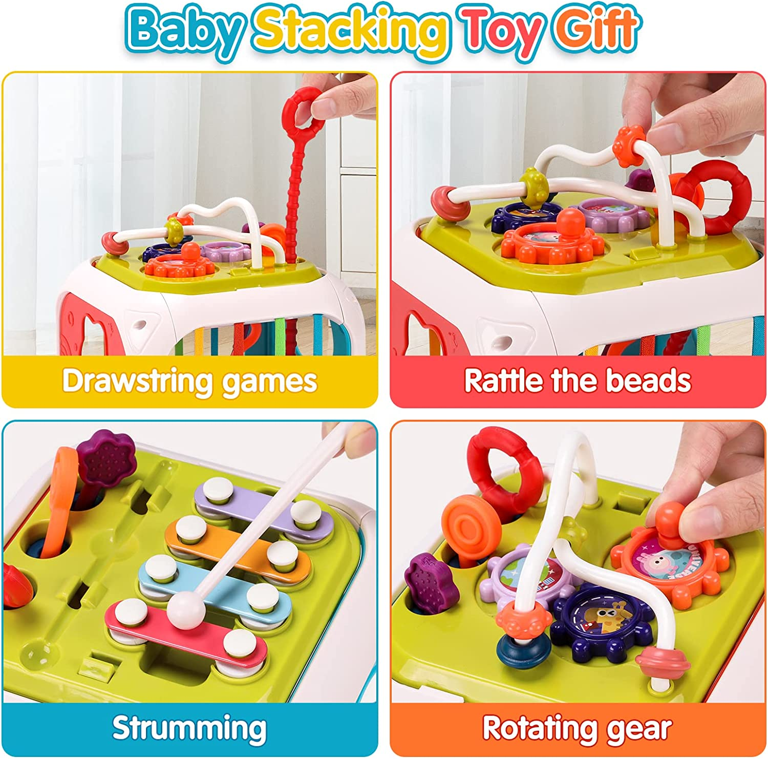 Qizebaby Montessori Toys for Babies 0-3-6-12 Months，Baby Stacking Toys Games，Shape Sorter Toddler Toys with Storage Cube，Kid Boy Girl Birthday Gifts image number 1