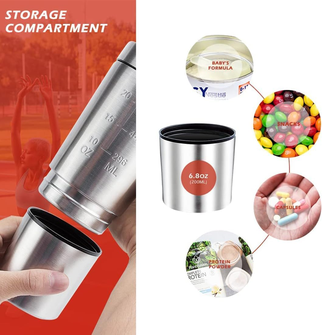 304 Stainless Steel Protein Mixer Cup, Single Layer Protein Shaker Bottle with Bottom Powder Storage, 2 Sections, Leak Proof Supplement Bottle with Detachable Strainer, Easy-Carry Handle [27Oz] image number 5