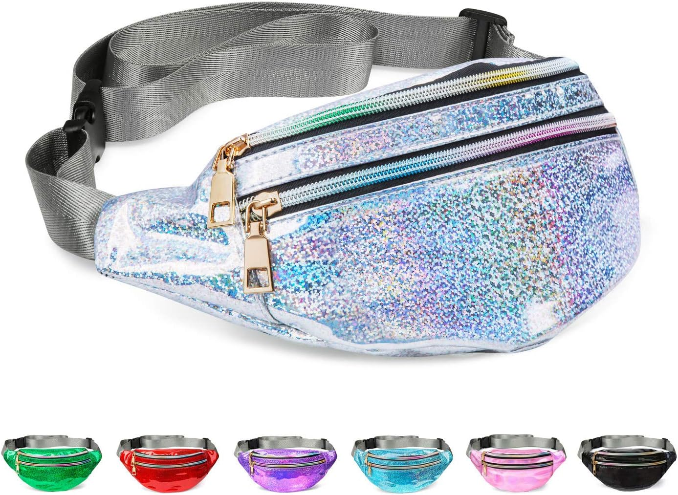 Fanny Pack Belt, Holographic Fanny Packs for Women, Men & Kids - Fashion Waterproof Waist Pack with 3 Pouches & Adjustable Strap - Shiny Causal Bags - Cute Bum Bag - Hip Sacks for Travel
