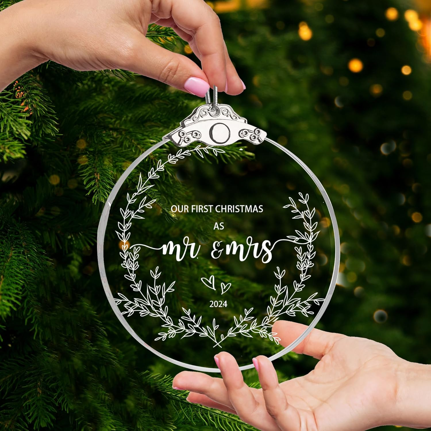 ZUNON Bridal Shower First Christmas as Mr Mrs 2024 Our Wedding Decoration Ornaments for Newlywed Holiday Party (3' Glass Our First Christmas as Mr Mrs) image number 5