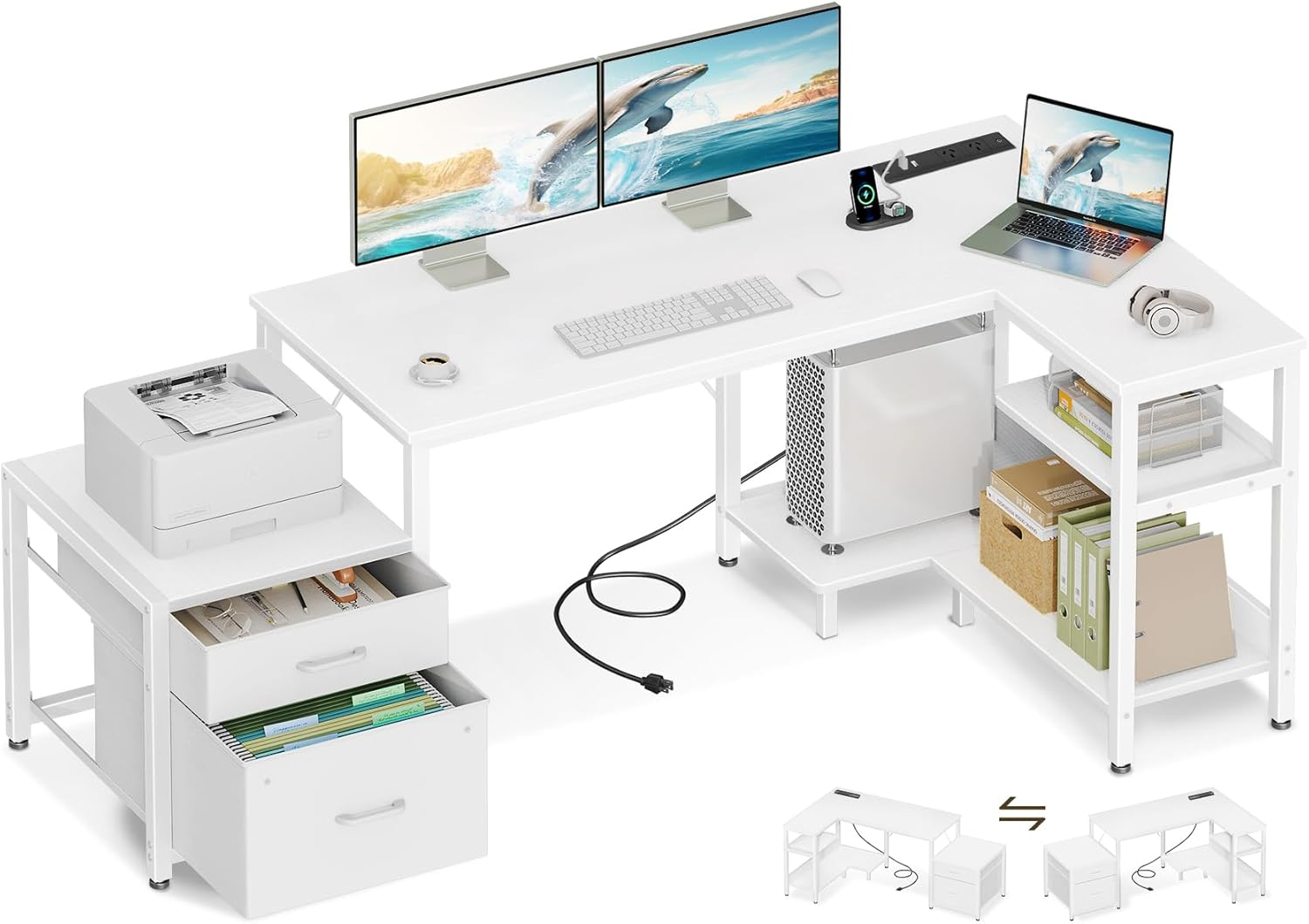 ODK 63Inch L Shaped Computer Desk with Power Outlet & Large File Drawer, Home Office Desk with Reversible Storage Shelves,Corner Desk for Home Office Bedroom Study Work,160 * 80 * 75.7Cm, White image number 3