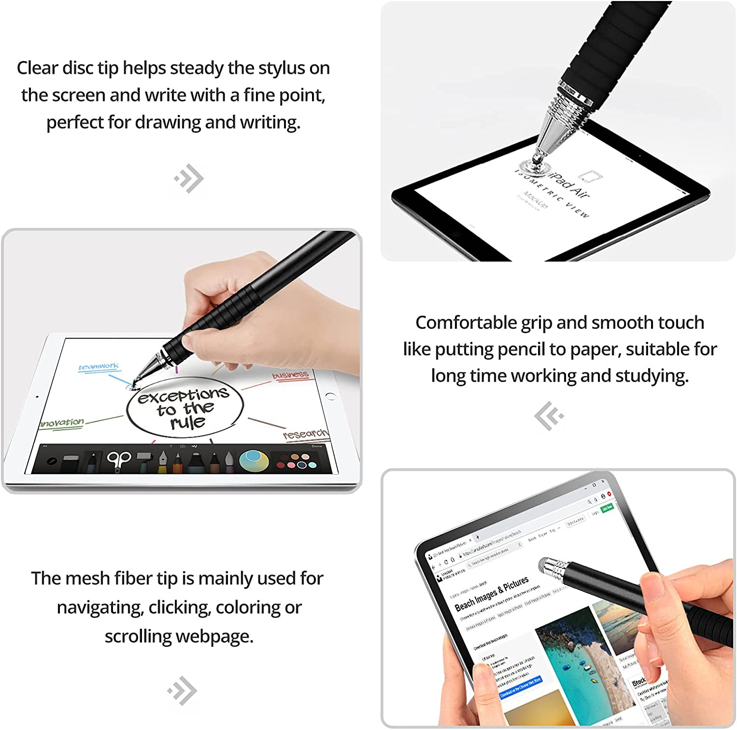 Pen for Tablet Mobile Phone (Pack of 4) Stylus Pens for Ipad Samsung Touchscreen, GUUGEI 2-In-1 Disc / Fibre Tips, Universal Capacitive Pens, Rubber Grip Instead of Finger Operation Pens