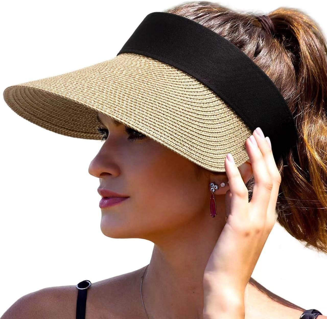 Straw Sun Visor Hats for Women Wide Brim Roll-Up Foldable Beach Visors Cap Summer UV Protection, Khaki, One Size image number 2