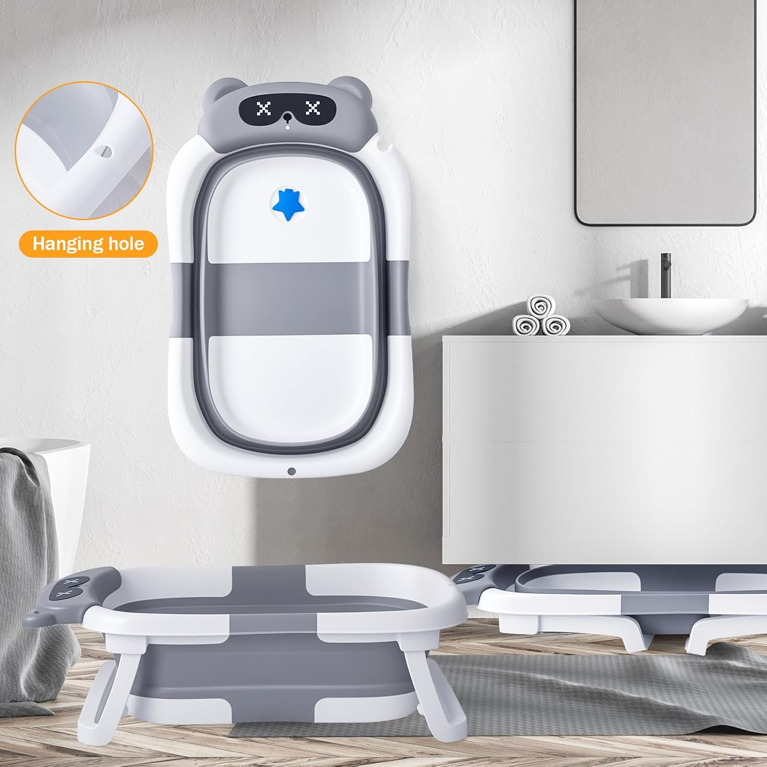 Collapsible Baby Bathtub for Newborn to Toddler,Durable Essential Grooming Infant Shower Tub,Portable Travel Baby Tub with Soft Cushion,No-Slip Hanging and Detachable image number 4