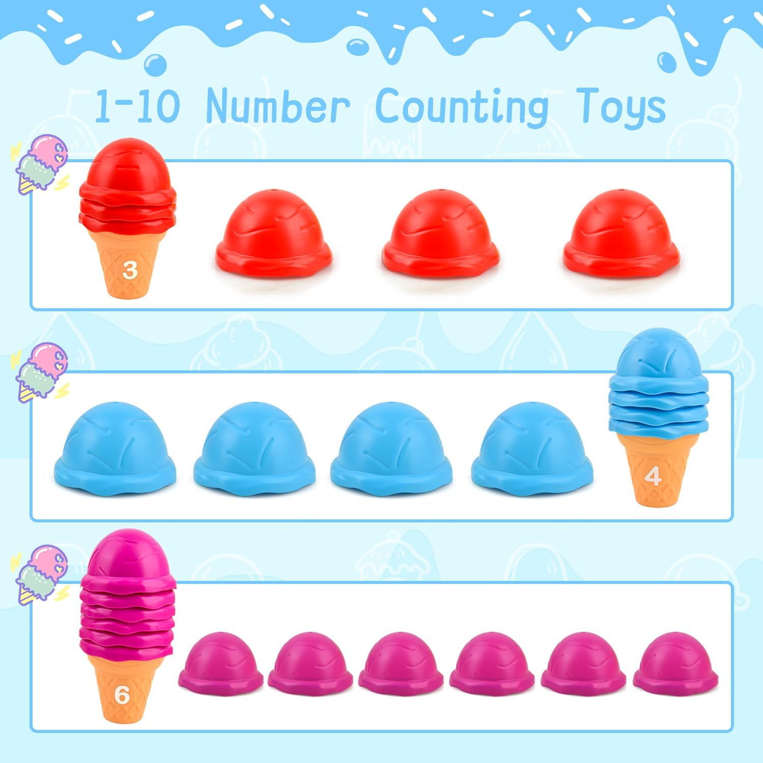 Sotodik Ice Cream Toy Counting and Color Sorting Set for Toddlers, Montessori Stacking Fine Motor Skills Toys, Preschool Learning Education Toys for Kids Boys Girls 3 4 5 6 7 Gift image number 3