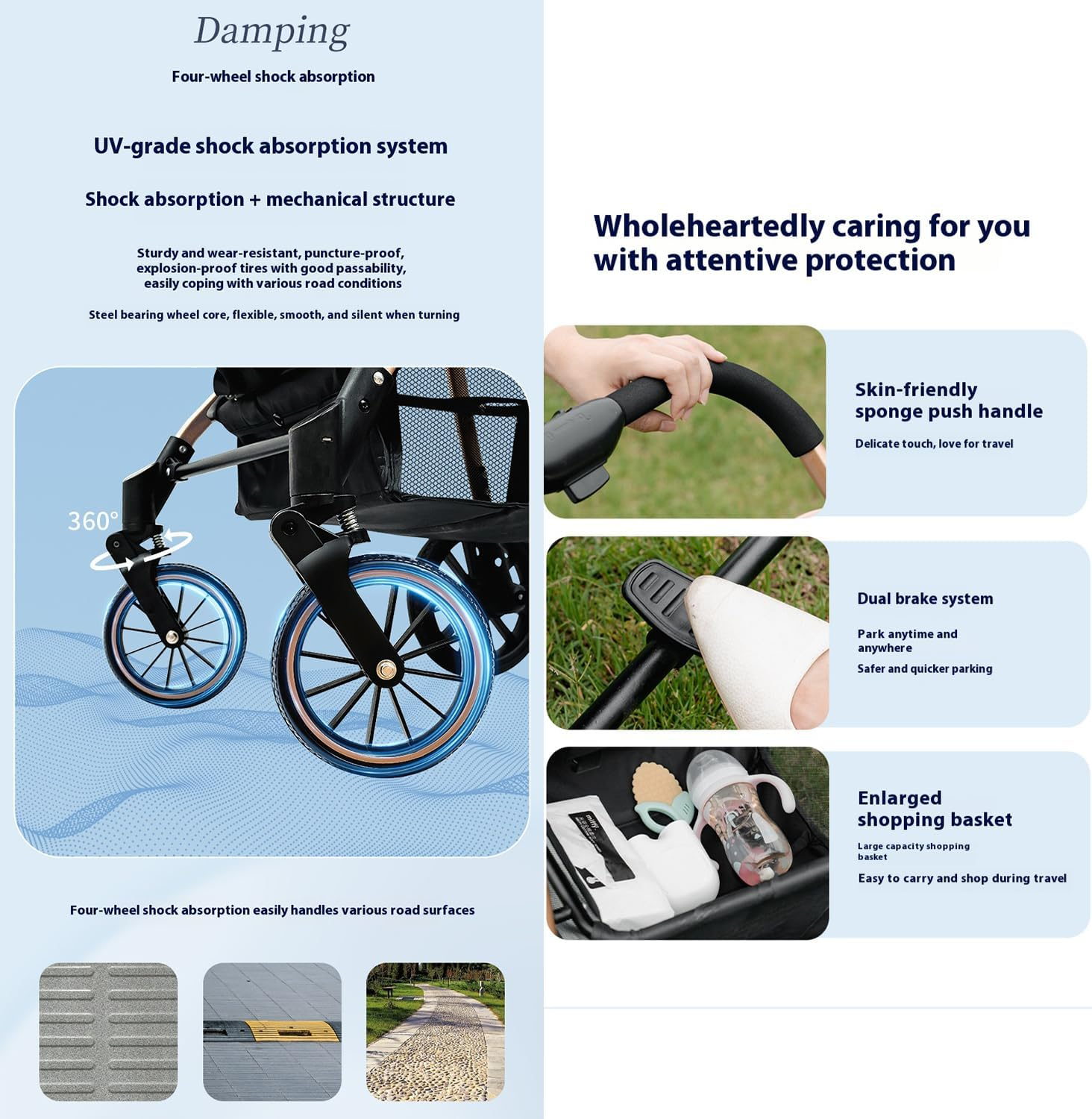 Xcjump Baby Stroller 3 in 1, High Landscape Travel Pram, Lightweight One-Hand Fold, Convertible Reversible Seat, Shock-Absorbing PU Wheels, Adjustable Canopy,Compact & Portable for Newborns & Toddlers image number 3