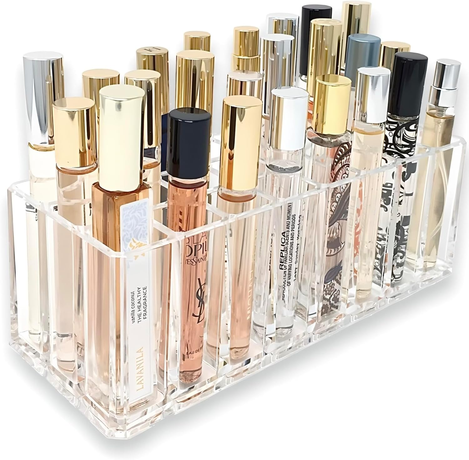 Byalegory Acrylic Rollerball Perfume Organizer Beauty Scent Holder 24 Space Organization Container Storage for Tall Scented Oils - Clear image number 1
