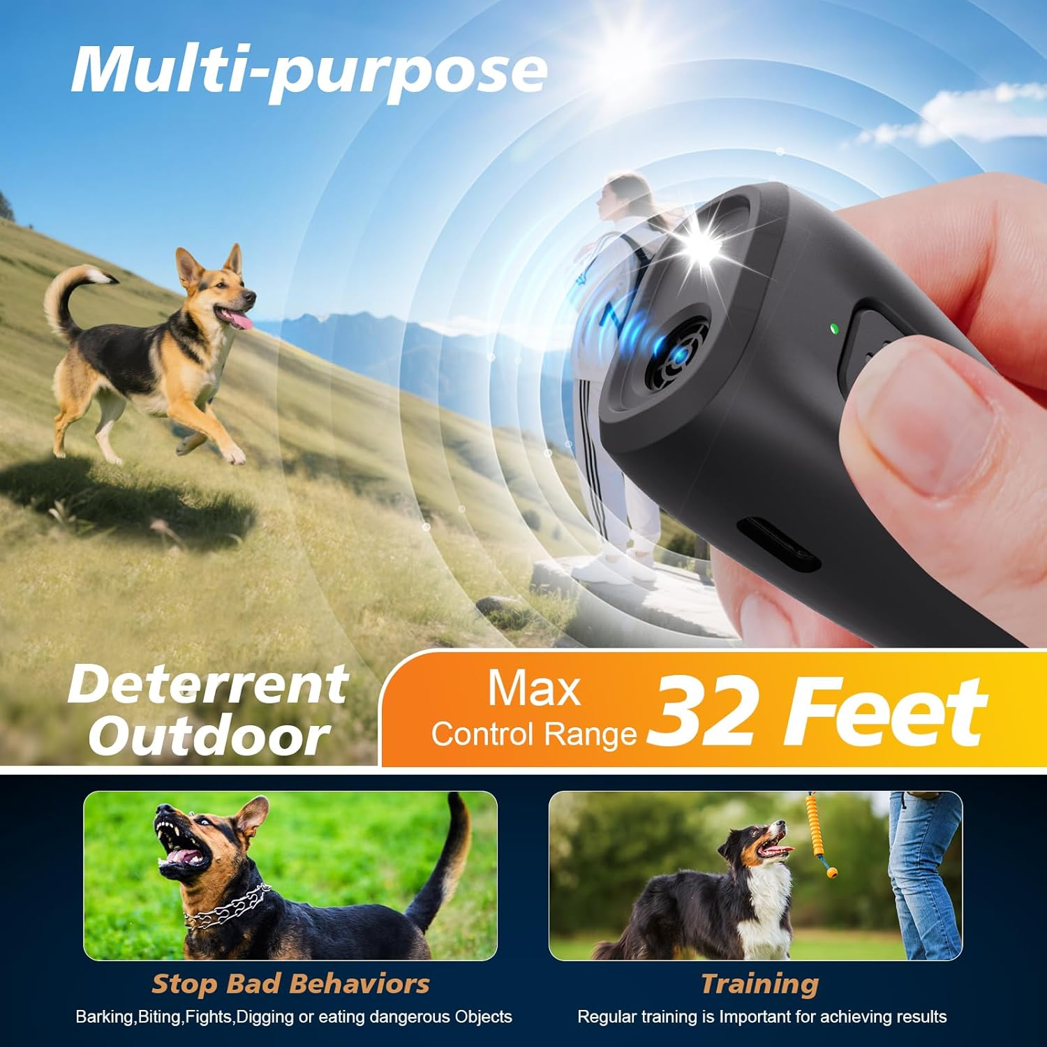 Dog Bark Deterrent Devices, Ultrasonic anti Barking Device for Dogs with Strobe LED Lights, Dog Barking Control Device Silencer Rechargeable, Bark Guard for All Breeds Indoor Outdoor Use image number 3