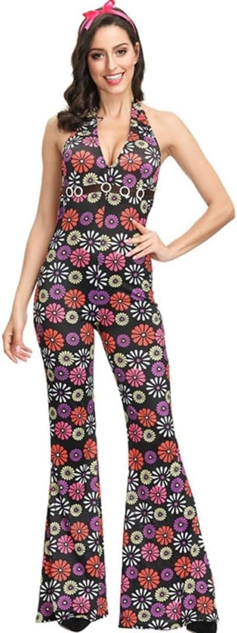 Costume Bay Women'S 60S 70S Vintage Groovy Shimmy Hippie Dress with Headband Costume Flared Pants Halloween Disco Outfit Fancy Dress Cosplay Carnival Party (Retro Jumpsuit, M) image number 4