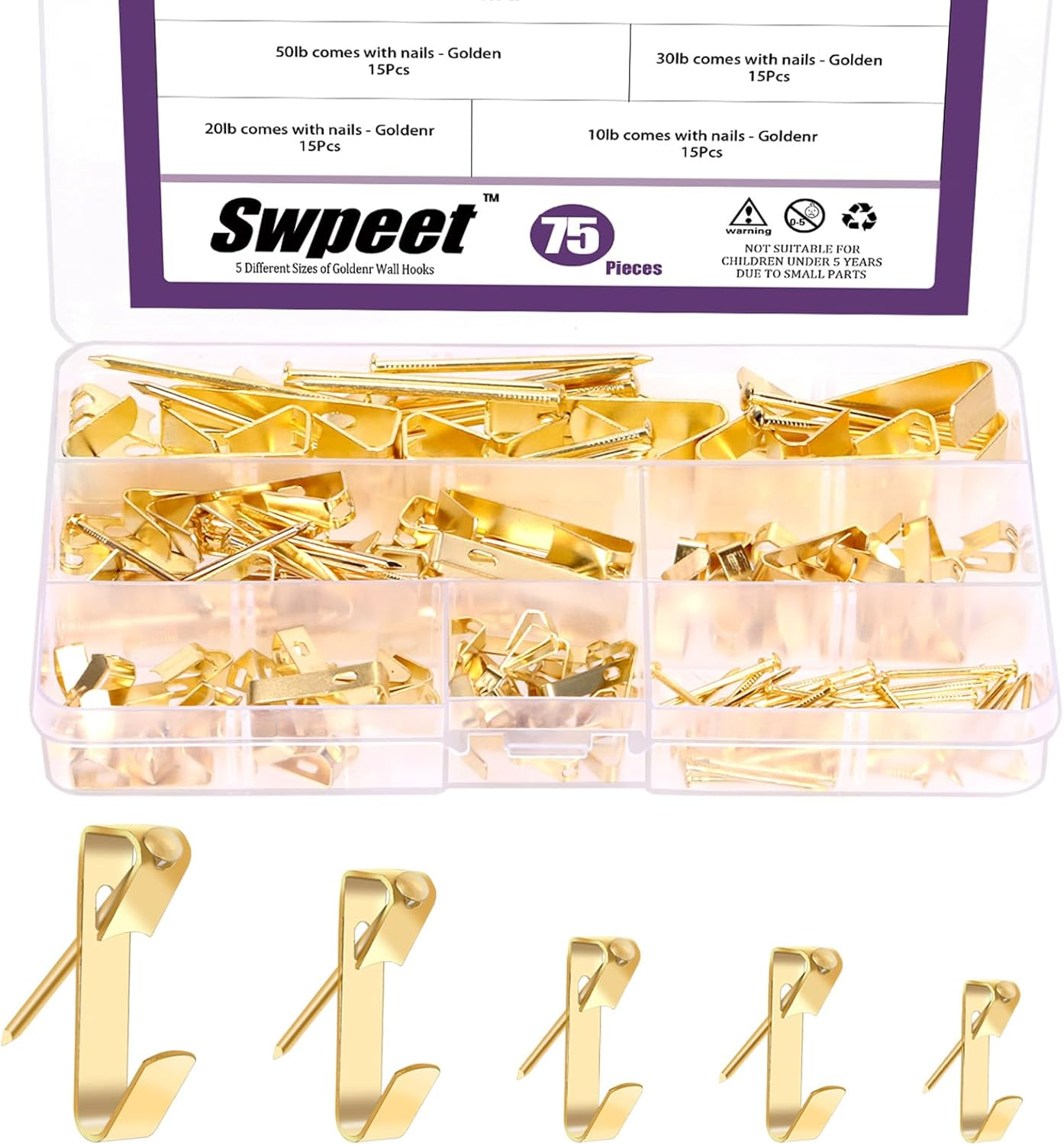 Swpeet 75Pcs 5 Sizes 10Lb/20Lb/30Lb/50Lb/100Lb Golden Picture Hangers with Nails Assortment Kit, Metal Picture Hanging Hooks, Heavy Duty Frame Picture Hooks, Picture Hanging Hardware for Drywall