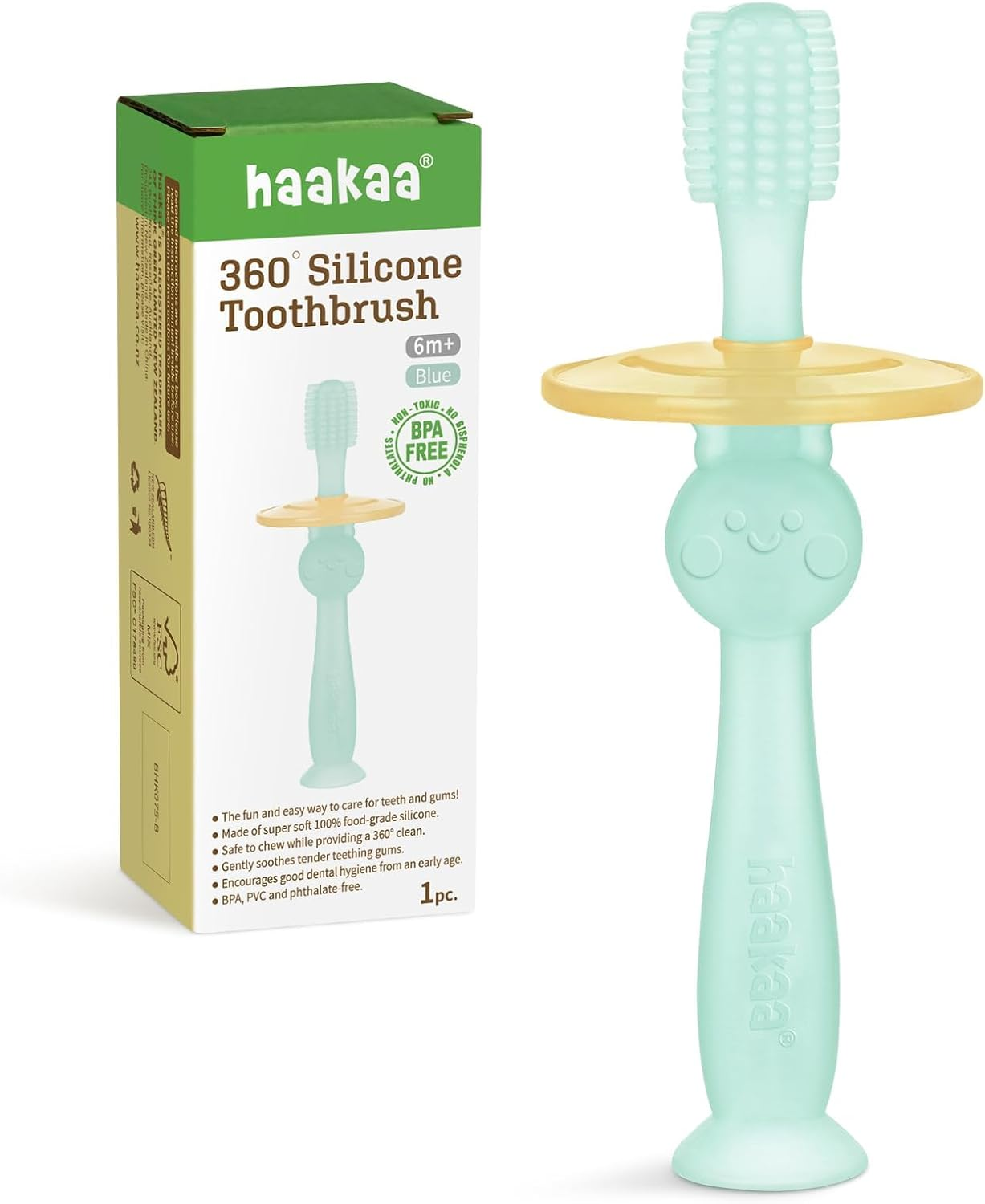 Haakaa 360&deg; Silicone Baby Toothbrush with Suction Base Infant to Toddler Toothbrush, Food Grade Silicone, 1Pc (Blue)
