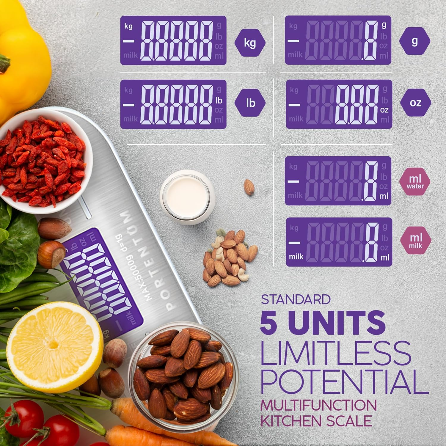 PORTENTUM Digital Kitchen Scales 5 Kg with Large LCD Display, Digital Scale, Letter Scales with Large Stainless Steel Weighing Surface, Liquid Measurement, High Precision up to 1 G, Tare Function, image number 1
