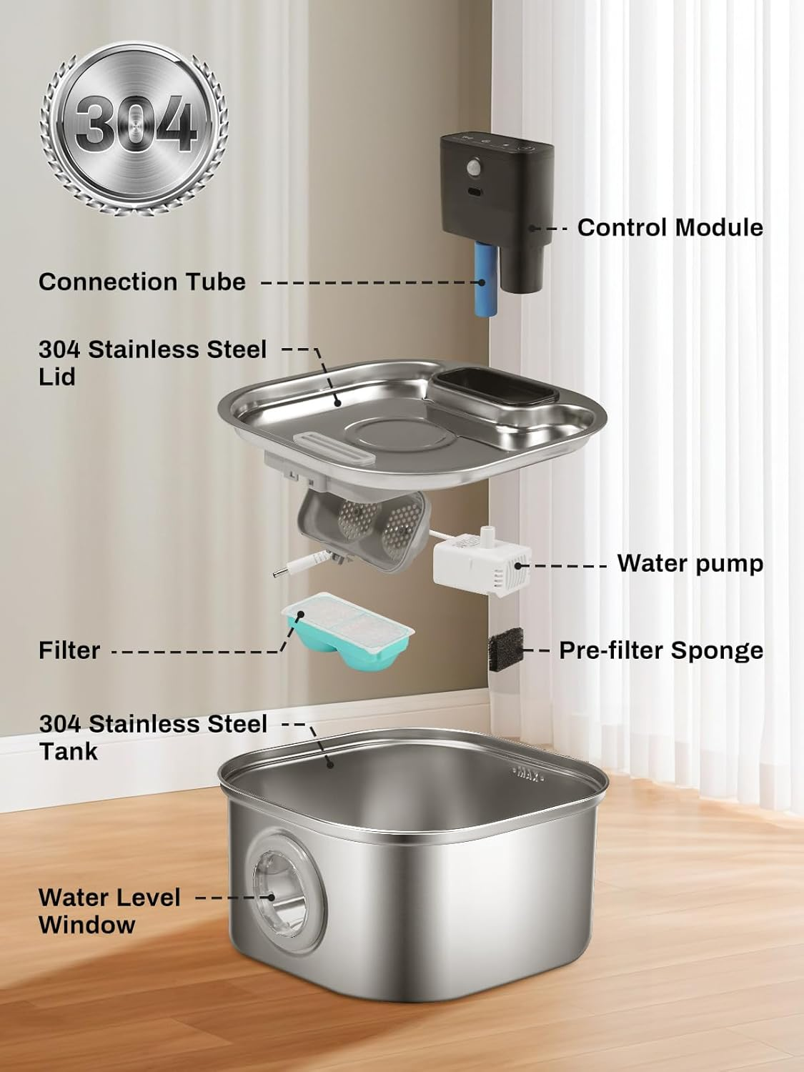 Wireless Cat Water Fountain, 4000Mah Battery Operated, 3.2L/108Oz Cordless Automatic Stainless Steel Pet Fountain with Motion Sensor, Rechargeable Cat Drinking Fountain with Ultra-Quiet Pump for Pets image number 4
