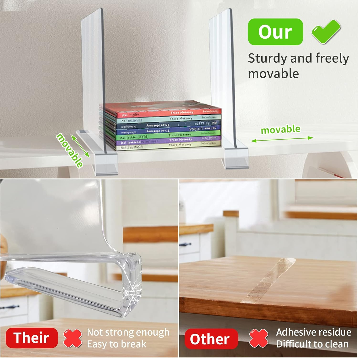 Acrylic Shelf Dividers for Closet Organization, Clear Closet Shelf Separators for Wooden Shelving, Adjustable Acrylic Bookshelf Organizers for Kitchen Cabinets and Bedroom (8PCS) - 4Pcs image number 2