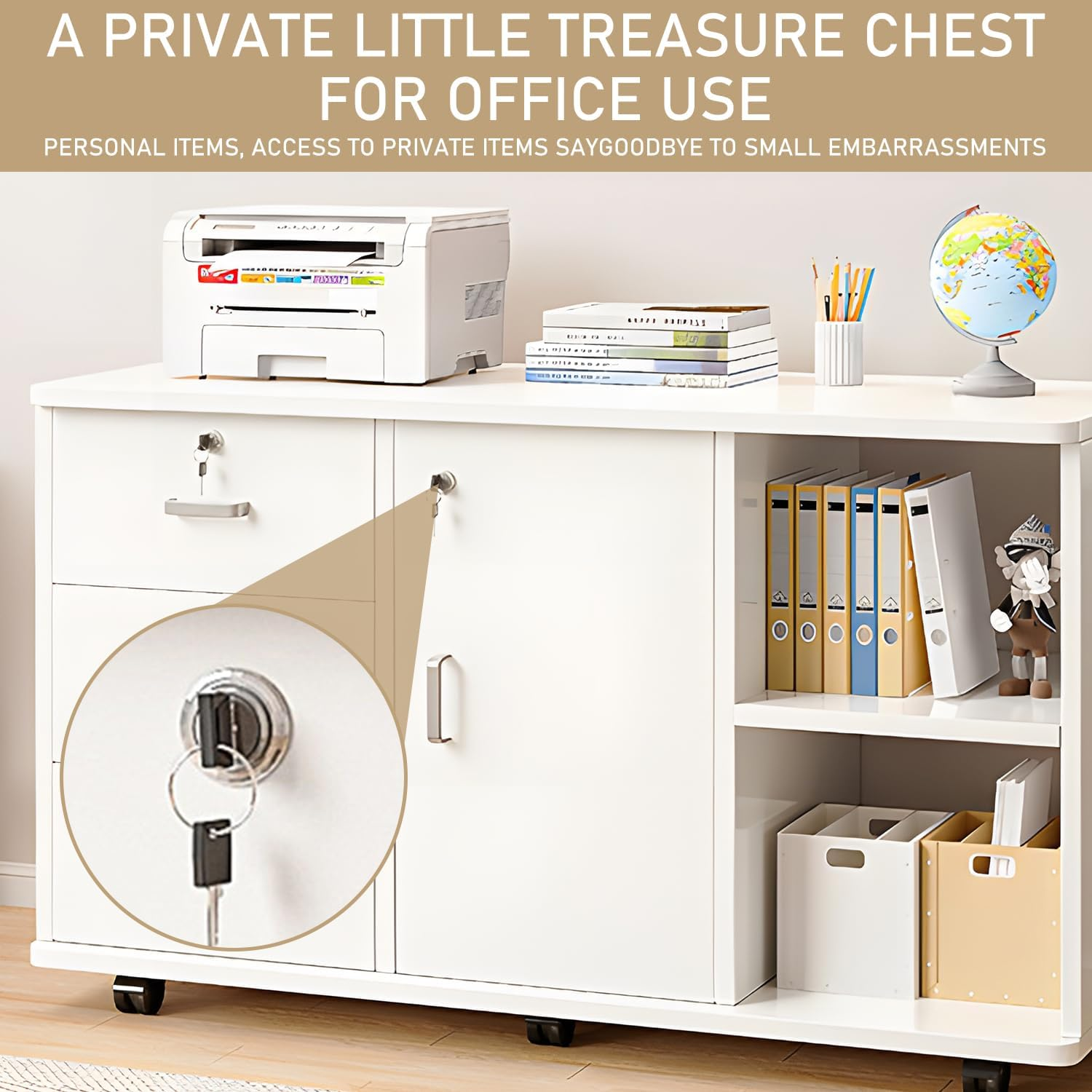 Uandhome File Cabinet, Printer Open Storage Shelf, Floor Table A4 Low Cabinet for Home Office, Mobile Lateral Drawer Cabinet with Lock, Office Furniture Space Organizer(White) image number 5