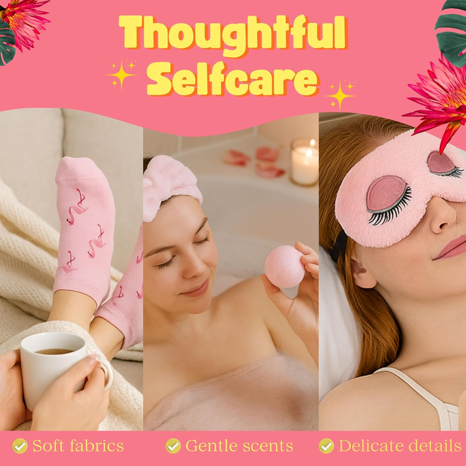 Infinite Emblems Flamingo Gifts Set for Women with Positive Crochet Flamingo, Keyring, Water Bottle, Socks, Bath Bomb, Bath Salt, Sleep Eye Mask, Scrunchies, Pink Headband and Affirmation Card image number 6