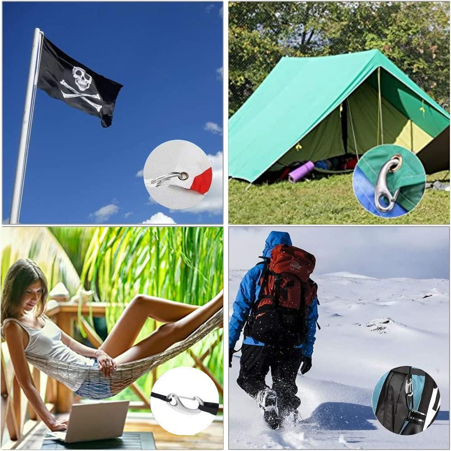 6Pcs Snap Rope Hook Clip Stainless Steel Spring Carabiner Egg Shape Snap Hook Marine Anchor Clips for Outdoor Tactical Survival Gear Pet Accessory Keychains image number 5