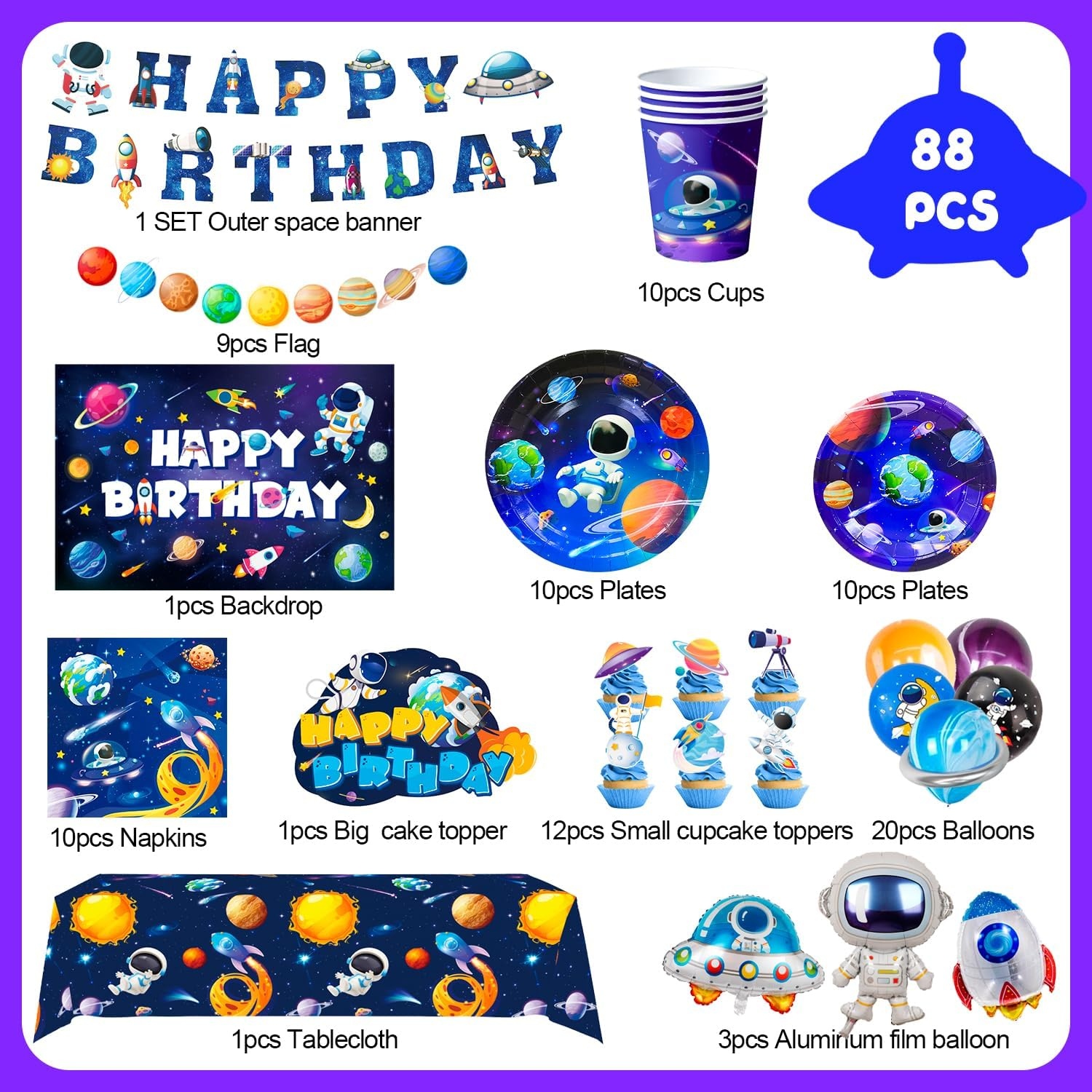 Space Birthday Party Decorations Serves 10, Space Birthday Decorations&Outer Space Birthday Tableware Set- Outer Space Birthday Party Plates Tablecloth Backdrop Balloon Etc Themed Party Decorations image number 3