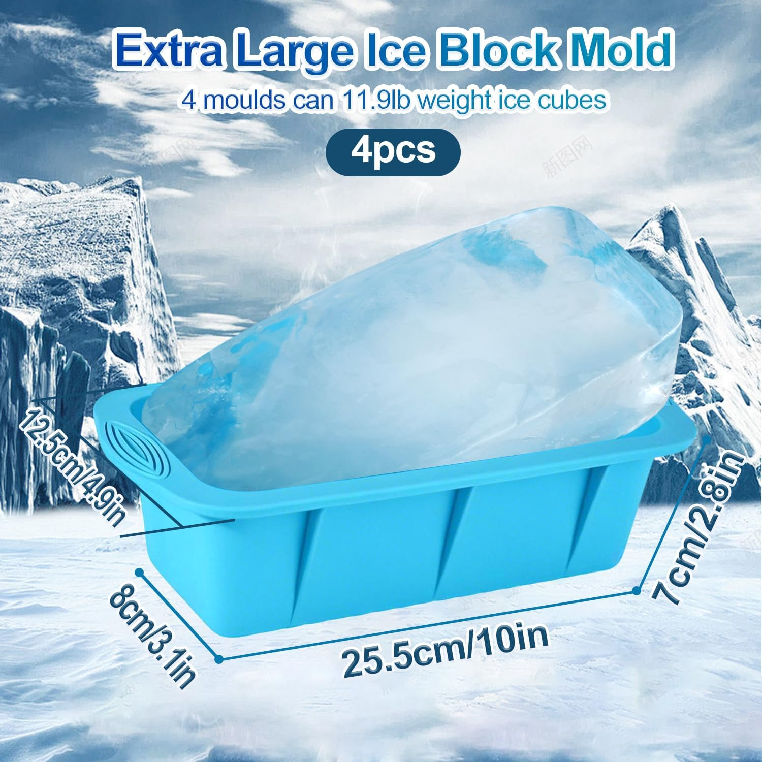 XXL Ice Block Moulds Set of 4 with Premium Silicone - Reusable 2 Kg Mega Ice Cube Trays for Ice Bathing, Cooling Systems & Freezer image number 3