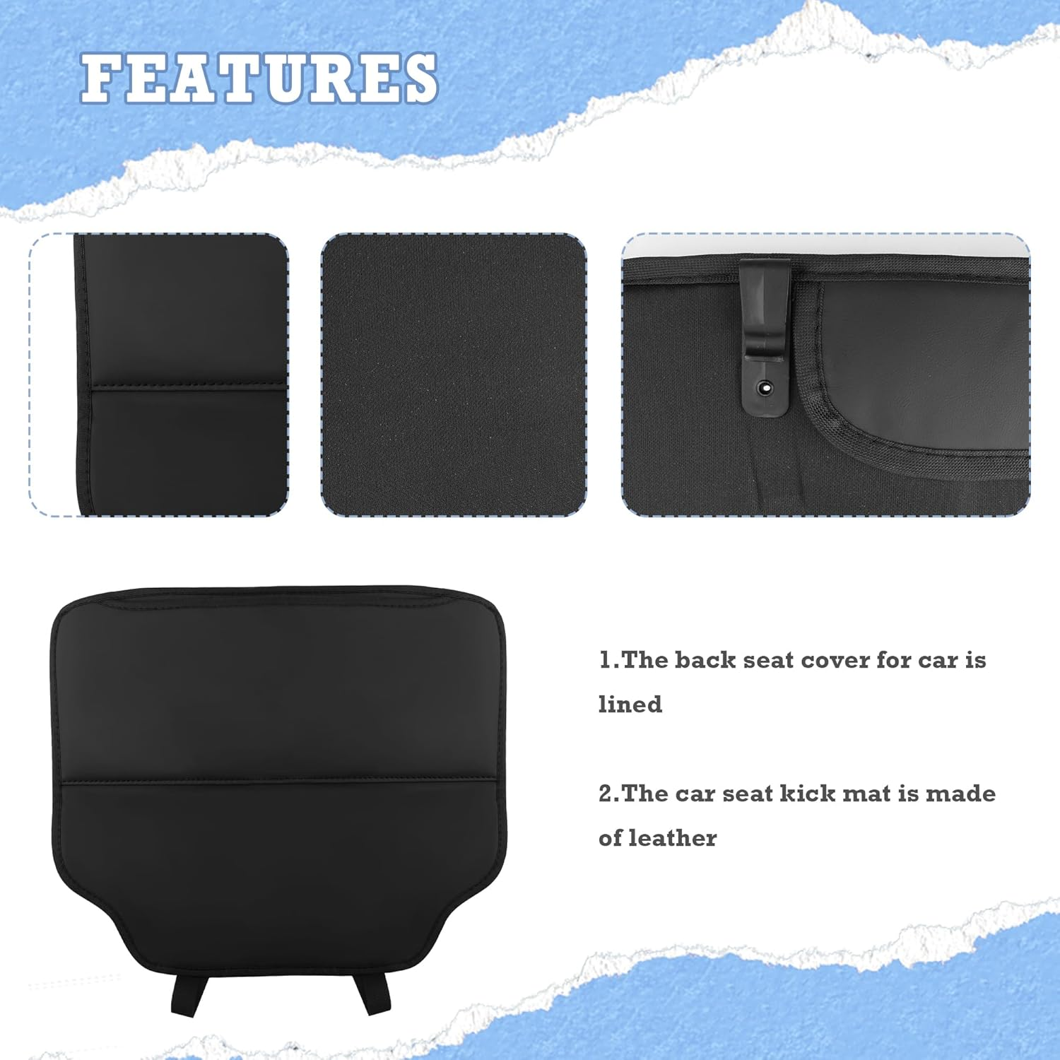 2PCS Leather Kick Mats Back Seat Protector,Storable Car Seat Kick Mats Keeps Car Interior Tidy,Universal Car Back Seat Organizer Car Accessories Fits Cars,Suvs,Trucks (Black)