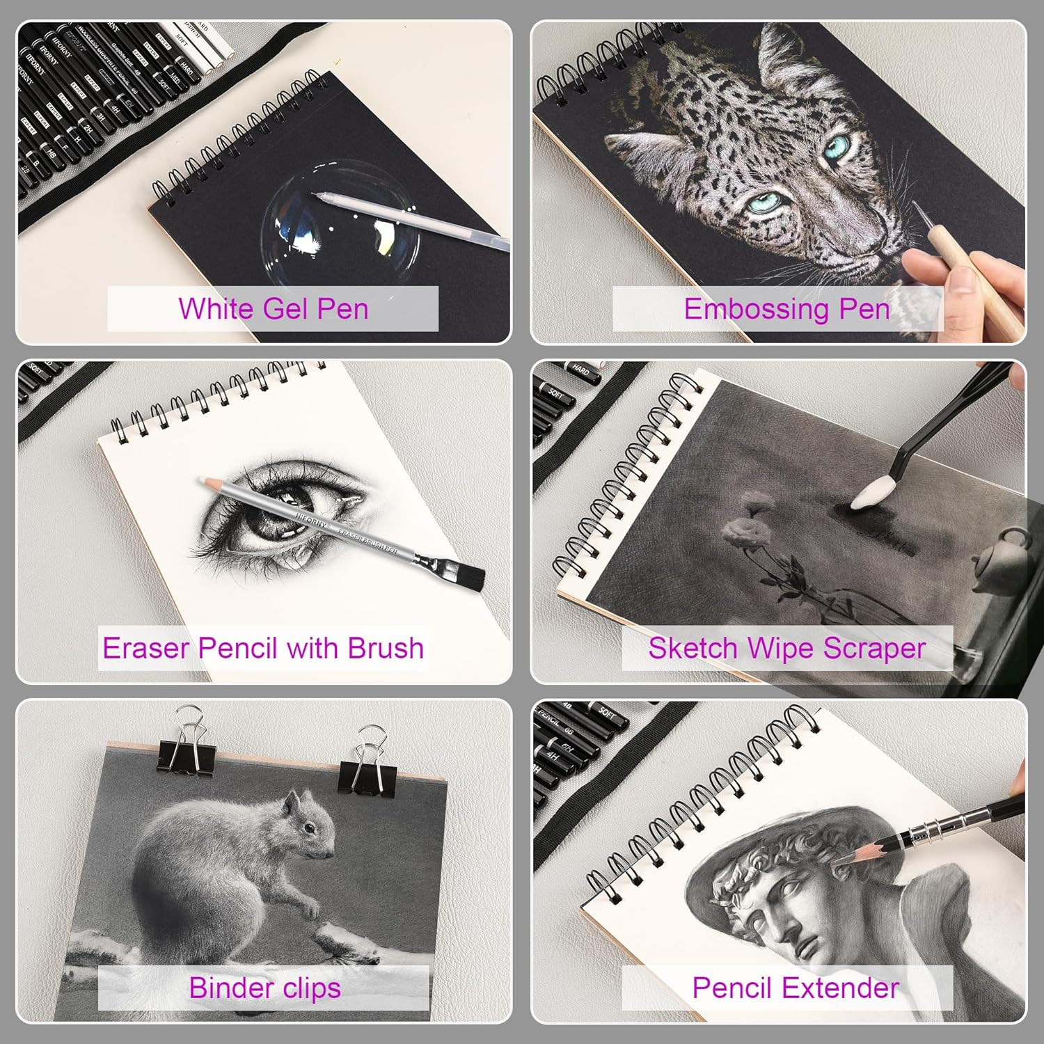 HIFORNY 60 Pcs Drawing Kit Sketching Pencil Set,Sketch Pencils Art Supplies with 3-Color Sketchbook,Graphite,Charcoal,Drawing Pencils for Adults Artists image number 3