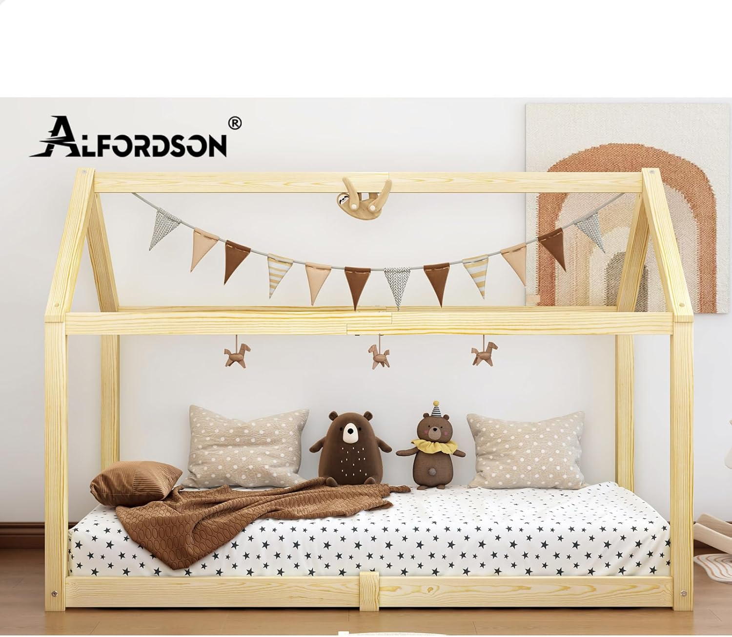 ALFORDSON Wooden Timber House Frame Single Mattress Base Platform, Kids Bed Frame W/O Guard Rail, Rocco Oak Bedroom Furniture, Solid Pine Wood Bed Base Foundation Children'S Beds
