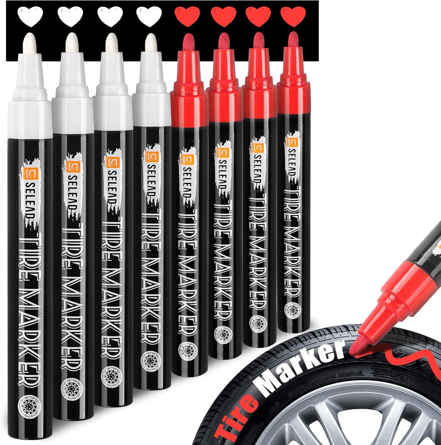 SELEAD Tire Marker White - 8 Pack Paint Pens for Car Tires Lettering, Premium Professional Oil-Based Ink, Waterproof Non-Fading Permanent Markers