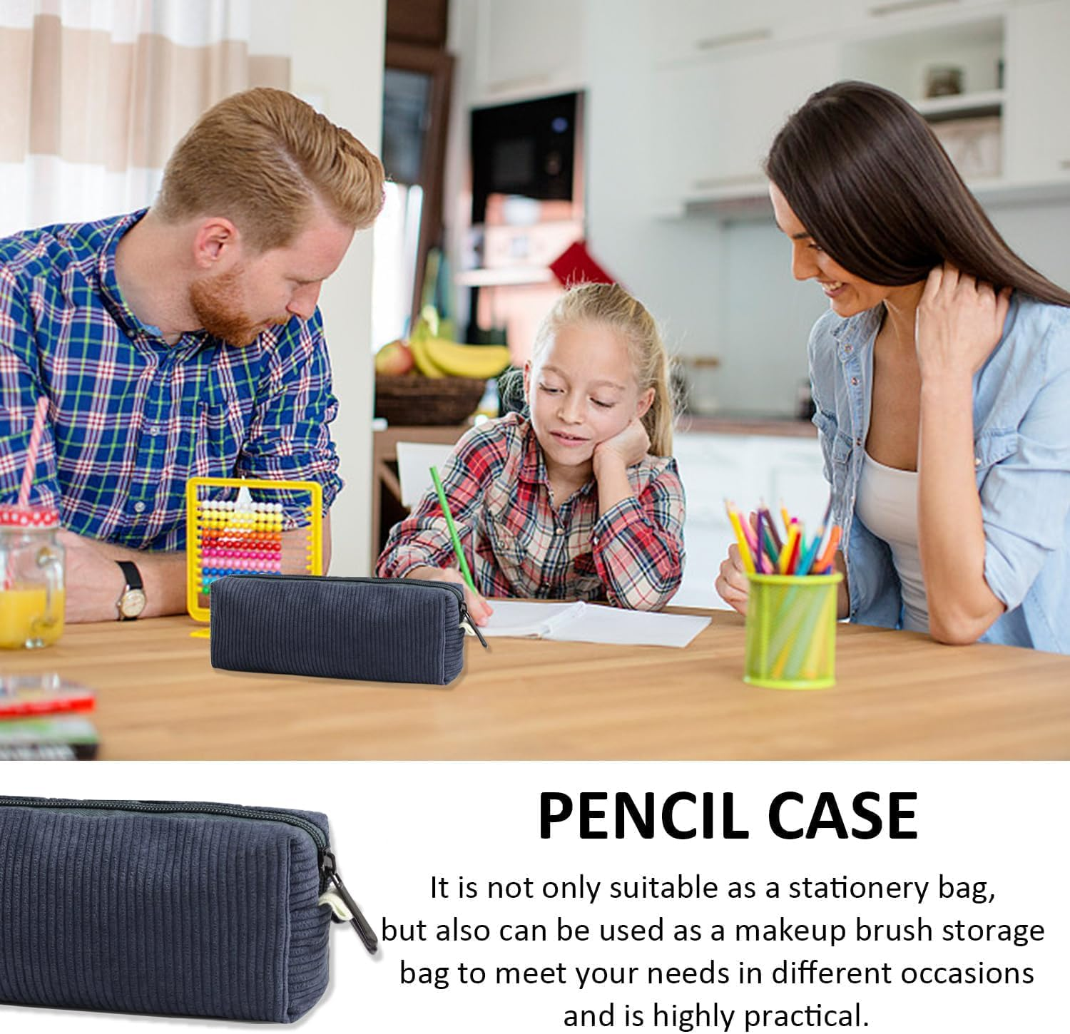 Corduroy Pouch, Large Capacity Storage Bag, Portable Pen Organizer for Kids, Office Stationery, Cute Makeup Pouch for Home, School, Office (Blue) - Blue image number 5