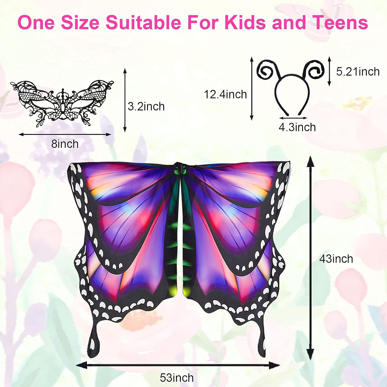 Butterfly Wings for Girls Butterfly Halloween Costume for Girls Butterfly Fairy Wings Shawl with Mask and Antenna Headband - Butterfly Purple image number 3