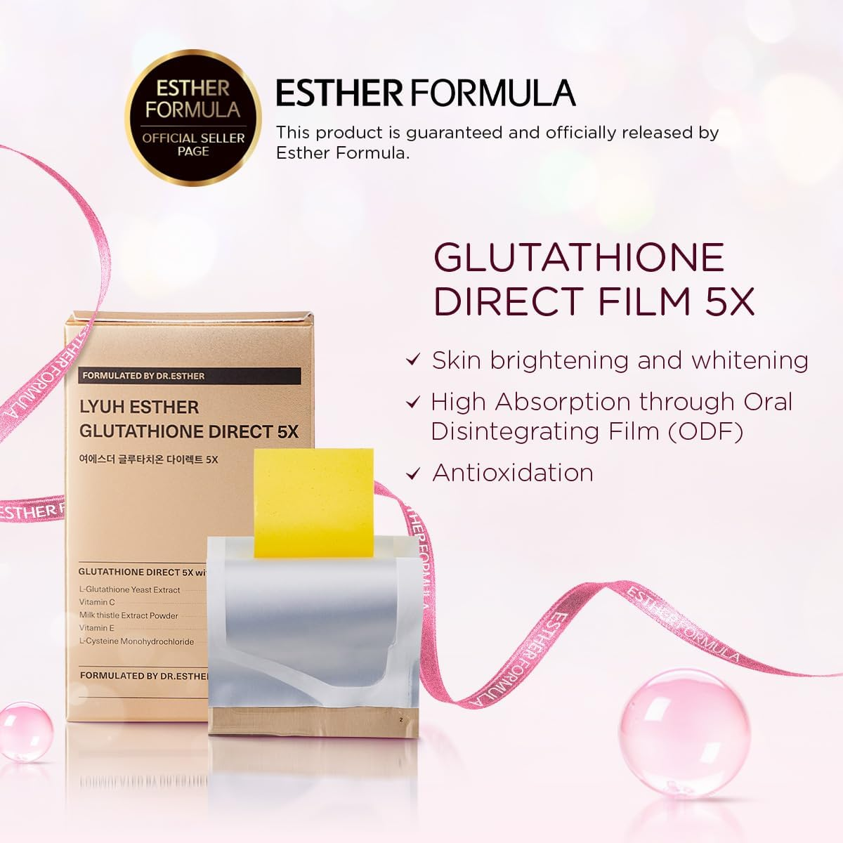 ESTHER FORMULA Glutathione Direct Film 5X (320Mg*30Pcs), Glutathione Impregnated Oral Dispersible Film for Effective Absorption, Korean Inner Beauty Dietary Supplement for Skin Whitening image number 6