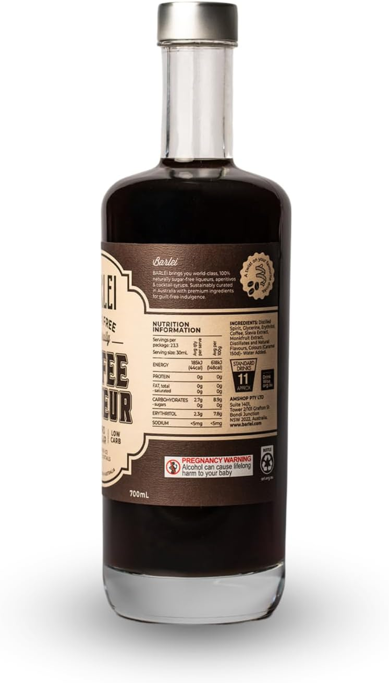 Barlei Sugar Free Coffee Liqueur, 700Ml, Zero Sugar