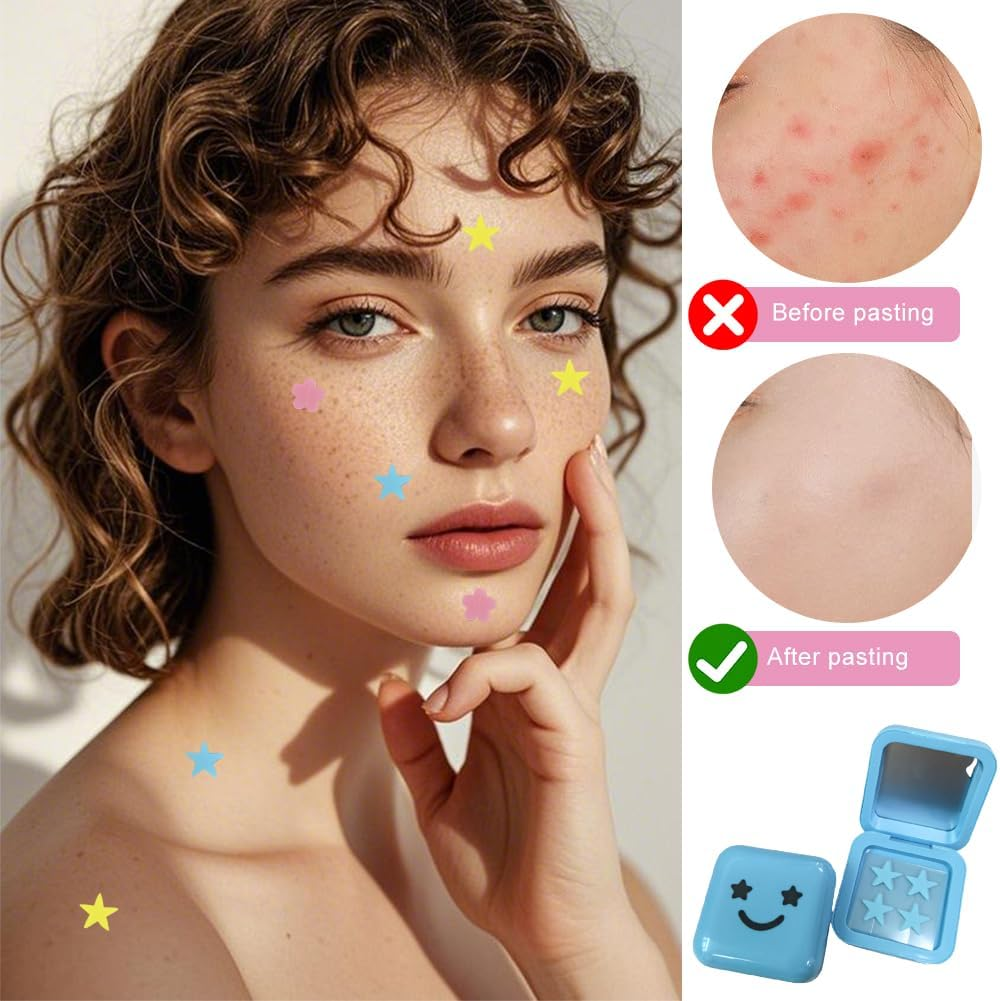 BRTNUP 96 Pcs Starface Pimple Patches, Star Pimple Patches Hydrocolloid Star Face Pimple Patch Cute Star Spot Patch with Mirror Compact for Sensitive Skin, Travel & Daily Use (Pink, Blue, Yellow)