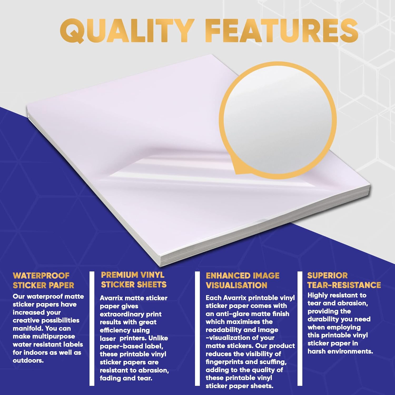 Avarrix Australia Printable Vinyl Sticker Paper for Laser Printer, Matte White, 20 Sheets, Waterproof Label Stickers, Printable Vinyl Self Adhesive Sheets, Tear Resistant, Printable Vinyl Self Adhesive Sheets, Vibrant Colours, A4 Size image number 4