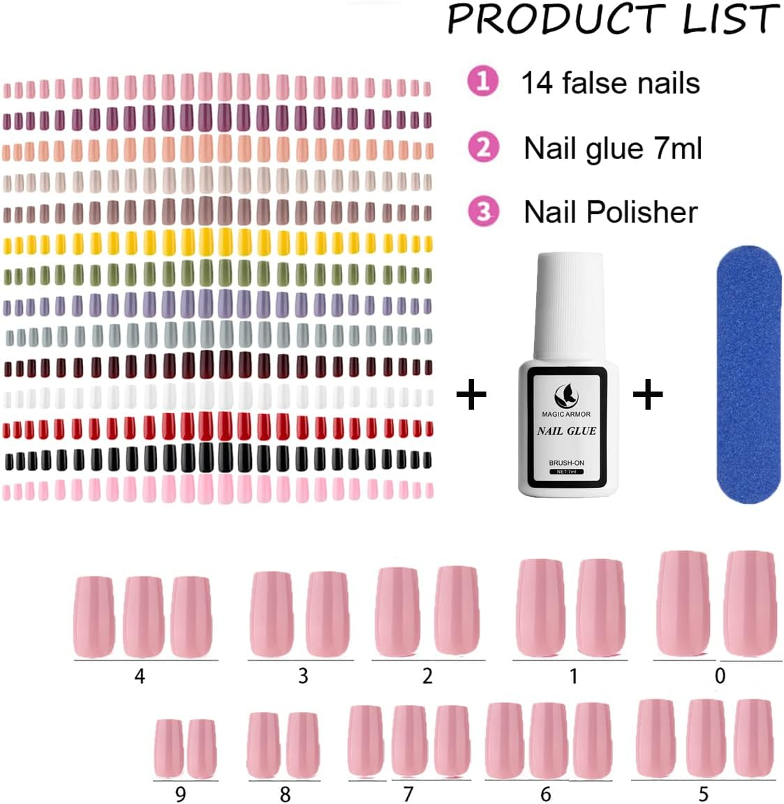 Hotolove 336Pcs Press on Nails Medium Length False Nail Tips-14 Colors Full Cover Artificial Ballerina Coffin Smooth Glossy Surface Press on Nails Kit with 7G Nail Glue and Nail File 14 Sizes Fake Nails for Women and Girls Nail DIY Manicure image number 3
