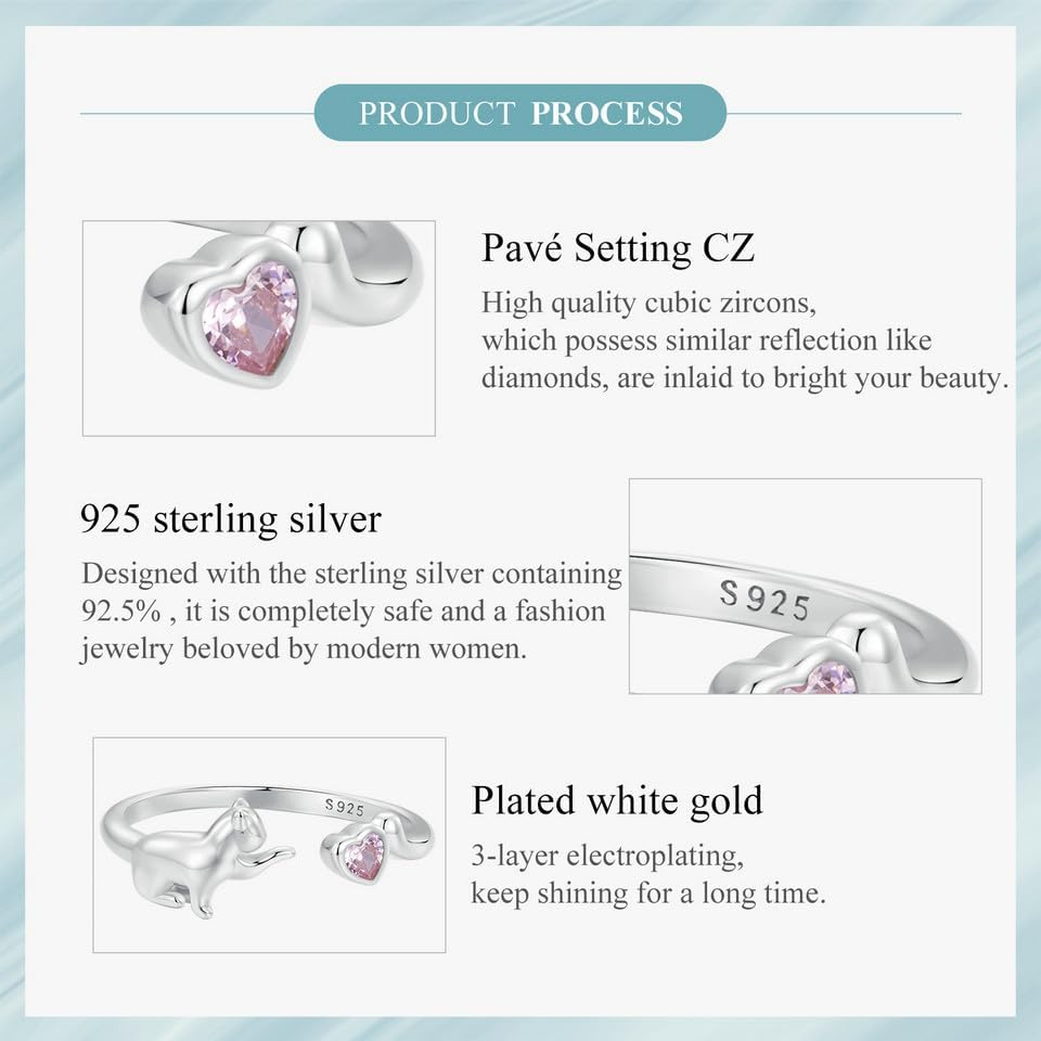 Cat Ring Adjustable Rings for Women, 925 Sterling Silver Heart Promise Open Hug Rings Jewelry for Girls image number 2