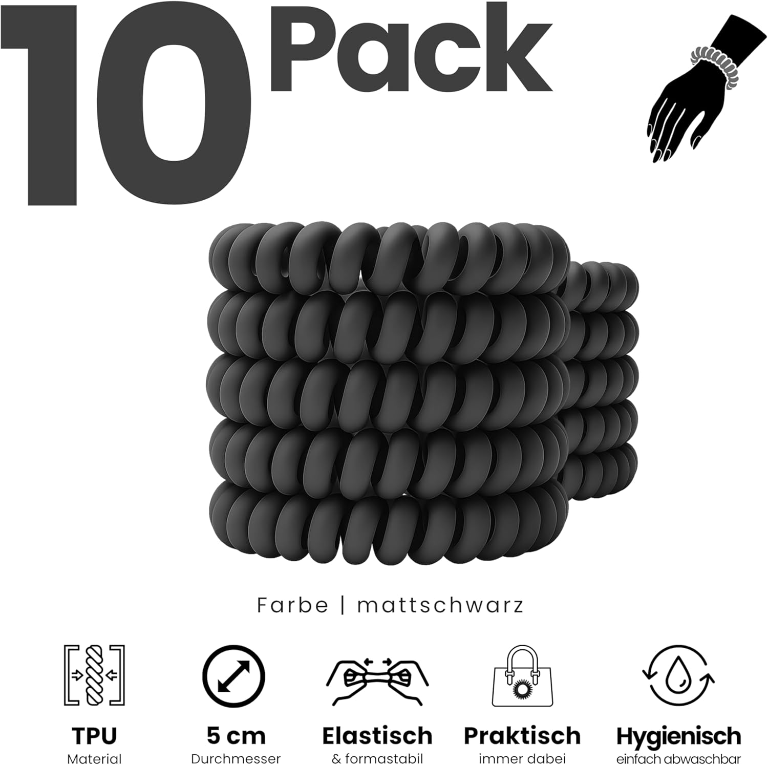 Specora - Spiral Hair Scrunchies Pack of 10-5 Cm TPU Matte Black image number 5