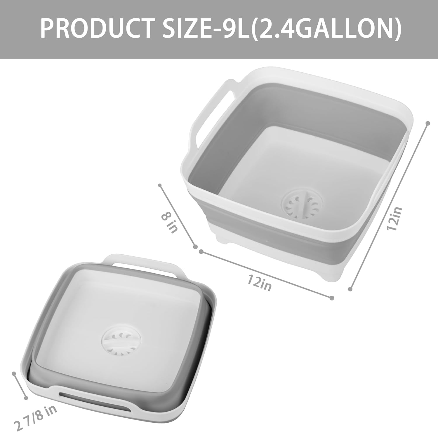 Tiawudi Dishpan for Washing Dishes, 2.4Gal/9L Wash Basin with Draining Plug Carry Handles, Collapsible Bucket for Cleaning, Portable Sink, Foldable Plastic Tub image number 3