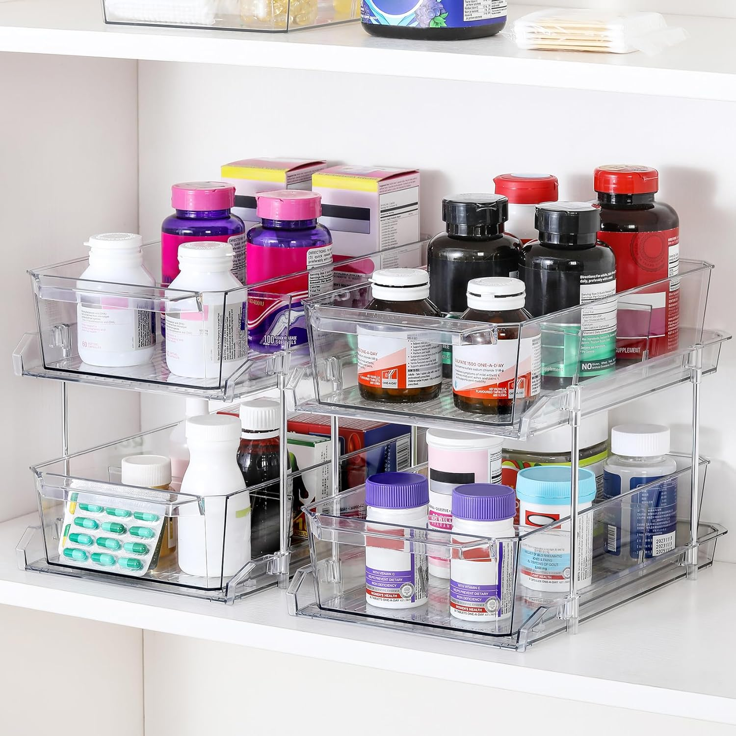 2 Tier Clear Organizer with Dividers for Cabinet, Shlef, Counter - Multiuse Slide-Out Storage Container - Kitchen, Pantry, Medicine Cupboard Bins, Bathroom, Vanity Makeup, under Sink Organizing image number 4