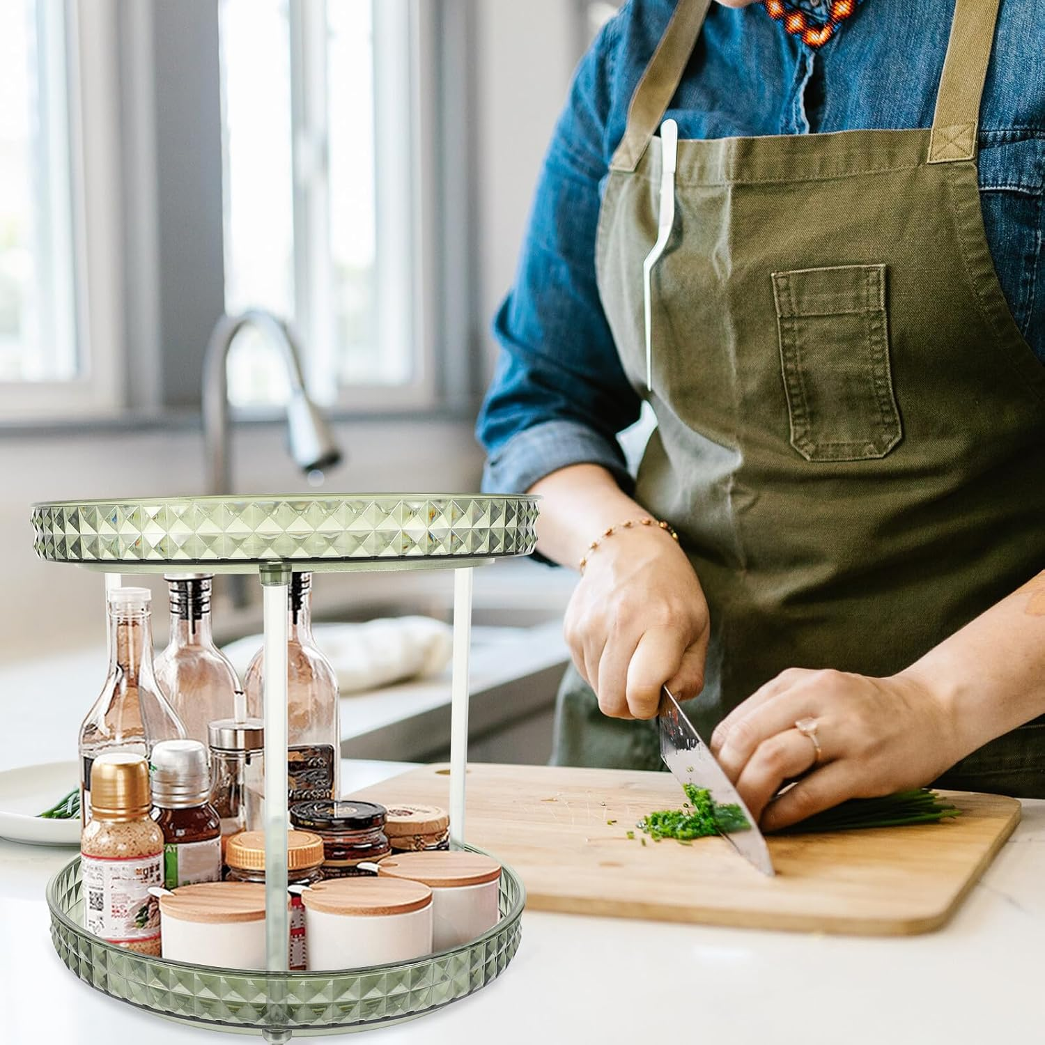 CATIEBYE Rotating 2 Tier Perfume Rack Green Cosmetic Tray Double Layer Makeup Organizer for Home Vanity Skincare Storage Display image number 6