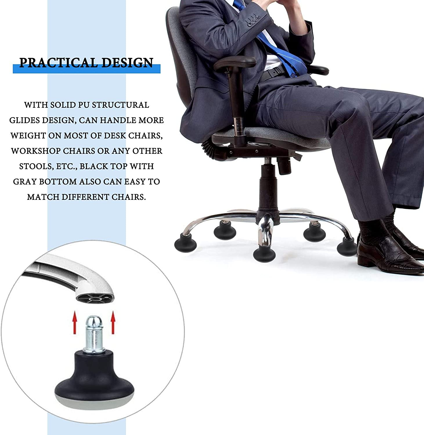 Hepzest 5Pcs Bell Glides Replacement Office Chair Wheels Stopper Office Chair Swivel Caster Wheels, 2 Inch Stool Bell Glides