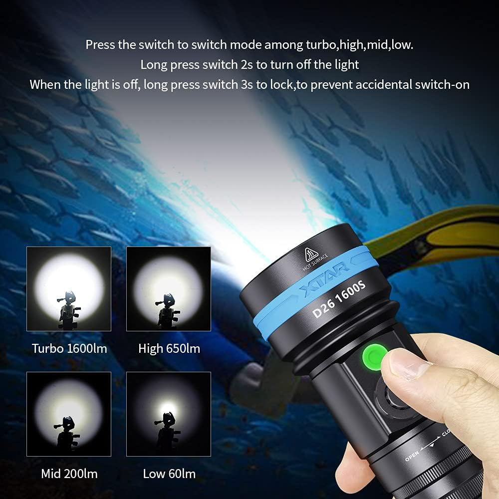 XTAR D26 1600 Lumen Scuba Diving Flashlight Dive Torch Underwater 100 Meters Submarine Lights for under Water Deep Sea Cave at Night image number 4