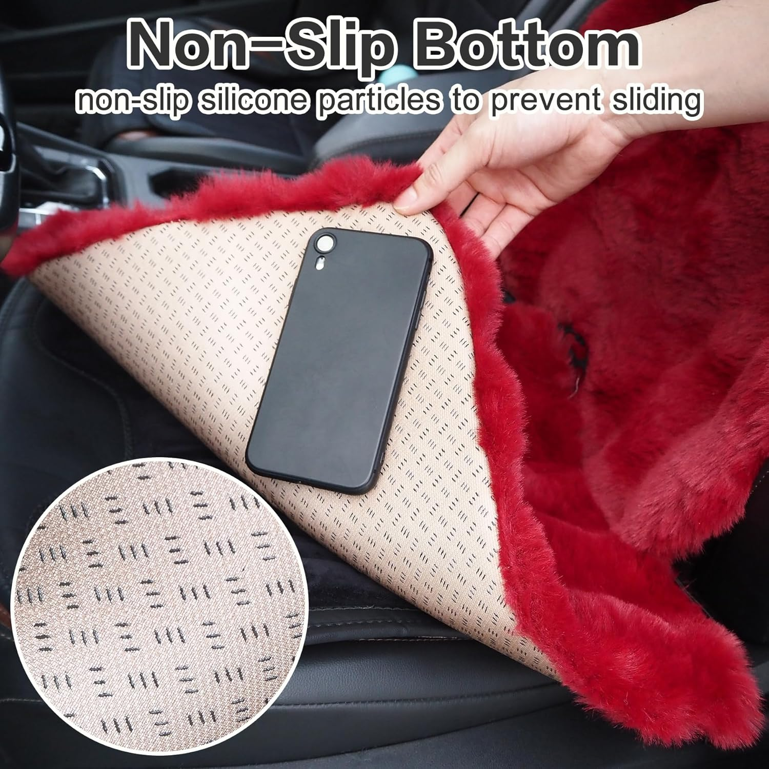 Fluffy Car Seat Covers, Front Seat Full Set Fuzzy Cushions, Soft Lumbar Support Cushion & Headrest Pillow for Pain Relief, Universal Fit Car Seat Cushion Seats Protector for Fatigue Relief (Wine Red) - Black image number 5