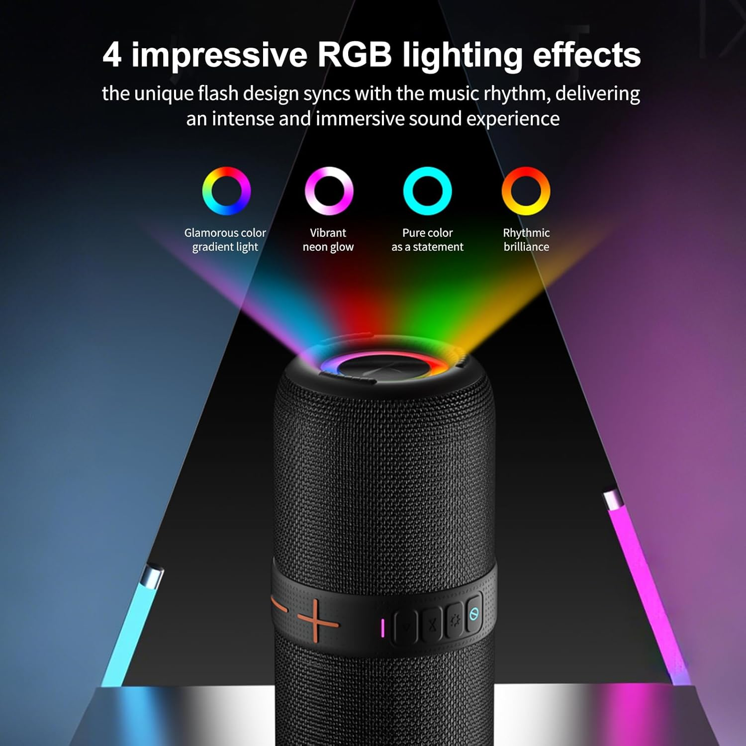 HUO JI Portable Bluetooth 5.0 Speaker with Deep Bass, IPX5 Water Resistance, RGB Lights, 15-Hour Playback and TWS/TF Support,Perfect for Home,Outdoors,Cycling,Hiking,Camping&Parties (Black) image number 6