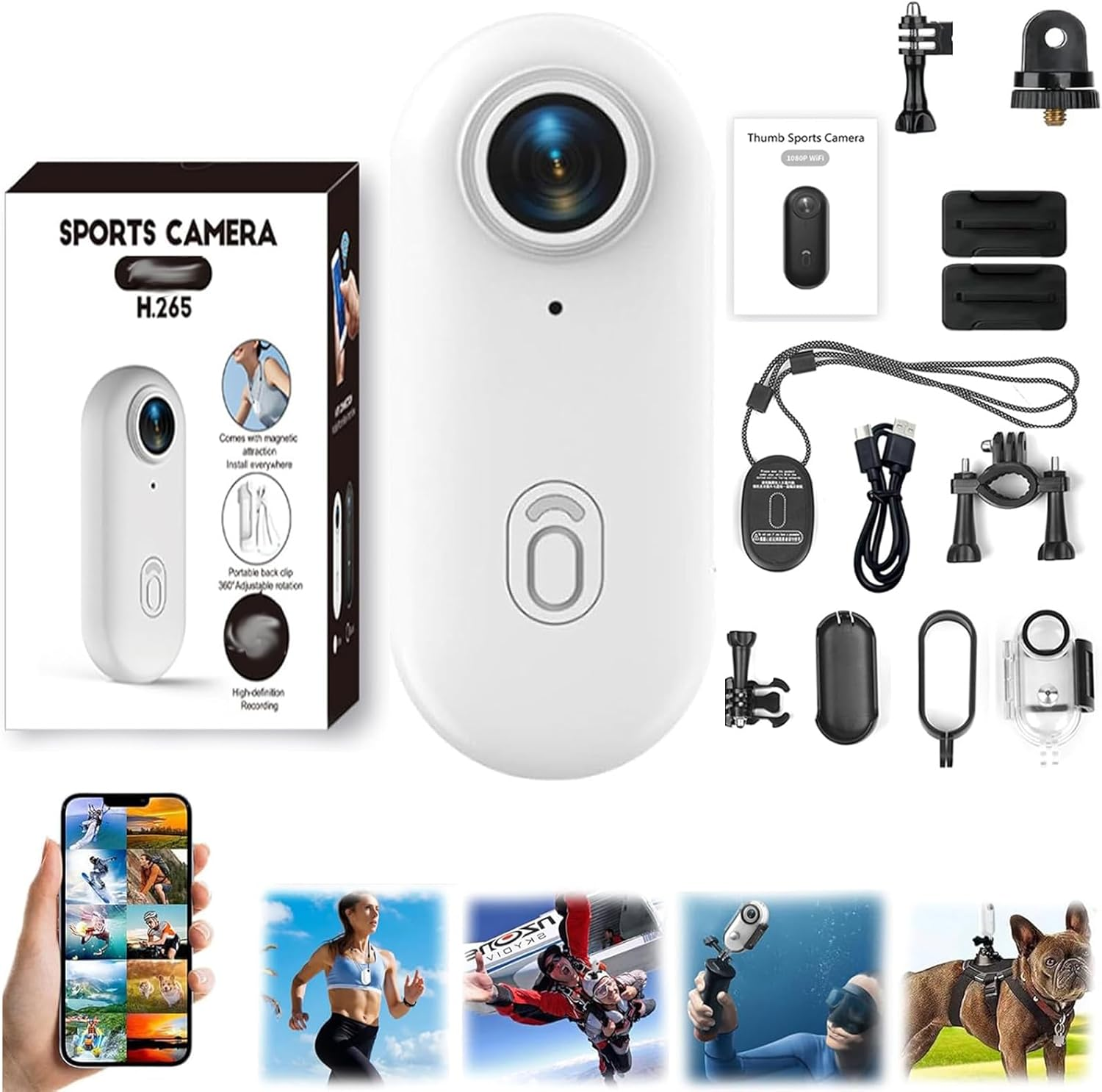 256G 4K POV Hd Wearable Thumb Action Camera, Motorcycle/Cycling Helmet Camera with Magnetic Clip, 120&deg;Wide-Angle,360&deg; Rotation,Ip68 Waterproof, for Vlog Recording (Balck-1080P-Wifi,256G)